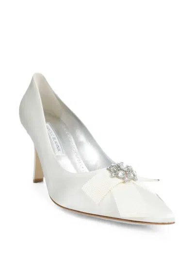 Manolo Blahnik Crystal-embellished Bow Heeled Pumps In White