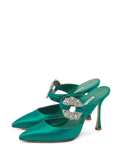 Pre-owned Manolo Blahnik Crystal-embellished Mules In Green