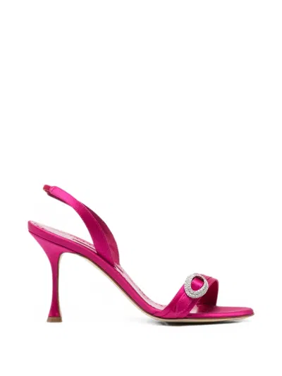 Manolo Blahnik 90mm Zutosan Satin Embellished Buckle Slingback Sandals In Pink