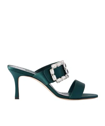 Manolo Blahnik Mayjousan 70 Crystal-embellished Satin Mules In Green