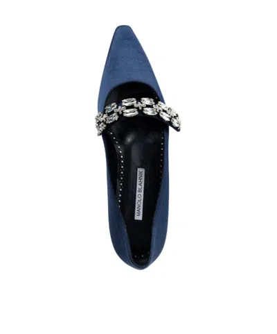 Manolo Blahnik Crystal-embellished Satin Point-toe Flats In Blue