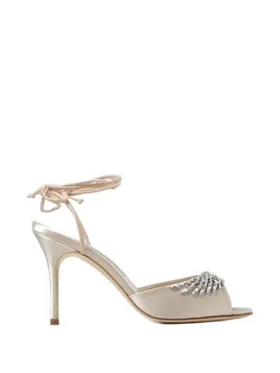 Manolo Blahnik Crystal-embellished Tie-fastening Sandals In Neutral