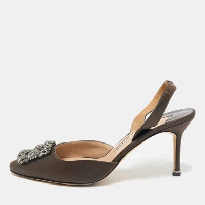 Manolo Blahnik Dark Green Satin Hangisli Slingback Pumps