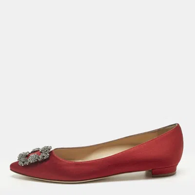 Pre-owned Manolo Blahnik Dark Red Satin Hangisi Ballet Flats Size 38