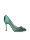 Manolo Blahnik Hangisi 70 Satin Pumps With Clc Crystal Buckle In Green