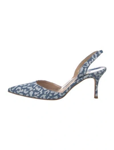 Pre-owned Manolo Blahnik Denim Animal Print Slingback Pumps In Blue