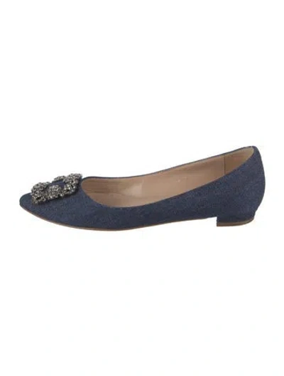 Pre-owned Manolo Blahnik Denim Crystal Embellishments Flats In Blue
