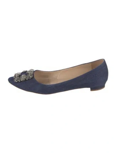 Pre-owned Manolo Blahnik Denim Crystal Embellishments Flats In Blue