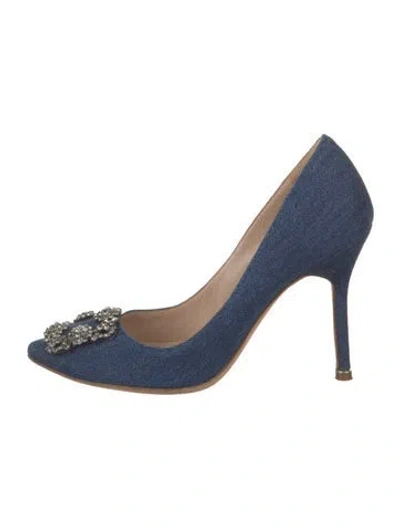 Pre-owned Manolo Blahnik Denim Crystal Embellishments Pumps In Blue