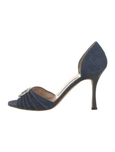 Pre-owned Manolo Blahnik Denim Crystal Embellishments Sandals In Blue