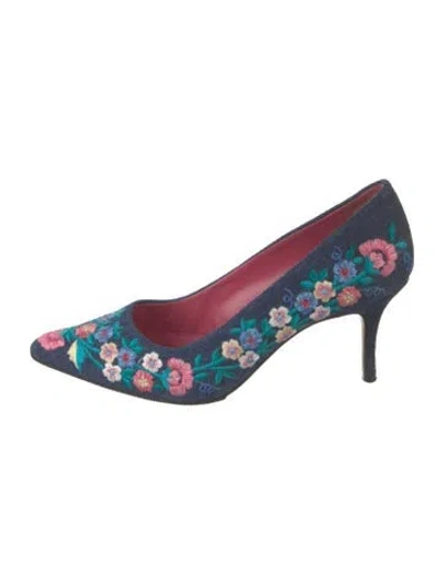 Pre-owned Manolo Blahnik Denim Floral Print Pumps In Blue