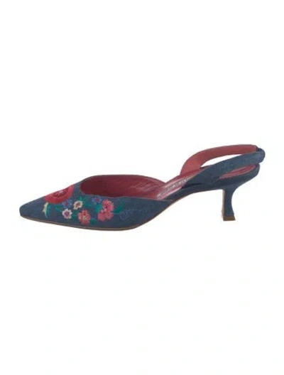 Pre-owned Manolo Blahnik Denim Floral Print Slingback Pumps In Blue