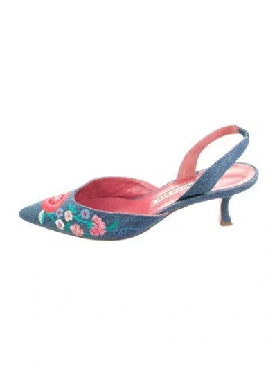 Pre-owned Manolo Blahnik Denim Floral Print Slingback Pumps In Blue
