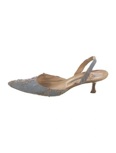 Pre-owned Manolo Blahnik Denim Lace Pattern Slingback Pumps In Blue