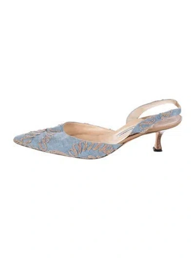 Pre-owned Manolo Blahnik Denim Patterned Slingback Pumps In Blue