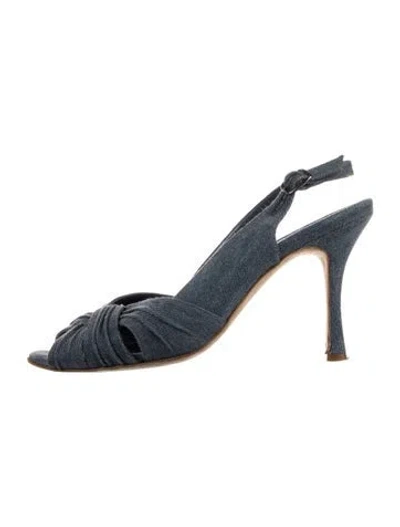 Pre-owned Manolo Blahnik Denim Pleated Accents Slingback Sandals In Blue