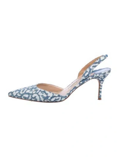 Pre-owned Manolo Blahnik Denim Printed Slingback Pumps In Blue