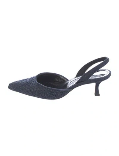 Pre-owned Manolo Blahnik Denim Tweed Pattern Slingback Pumps In Blue
