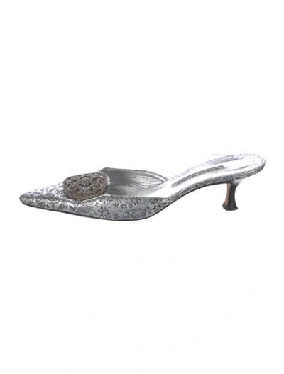 Pre-owned Manolo Blahnik Designer Size 39.5 Embossed Leather Mules In Silver