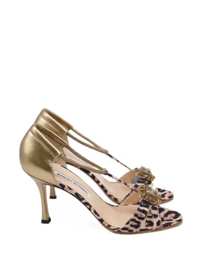 Pre-owned Manolo Blahnik Drina Leopard Crystal-embellished Sandals In Brown