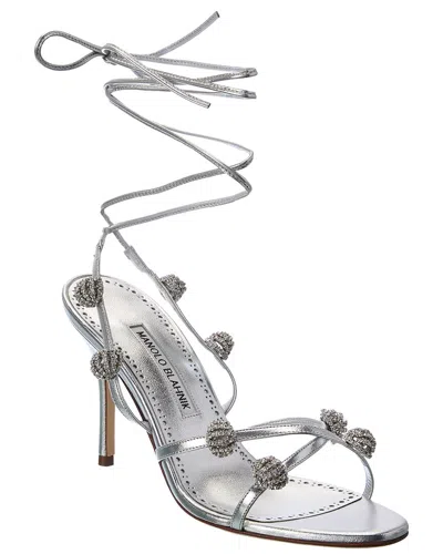 Manolo Blahnik Elsaka 90 Crystal-embellished Metallic Leather Sandals In Silver