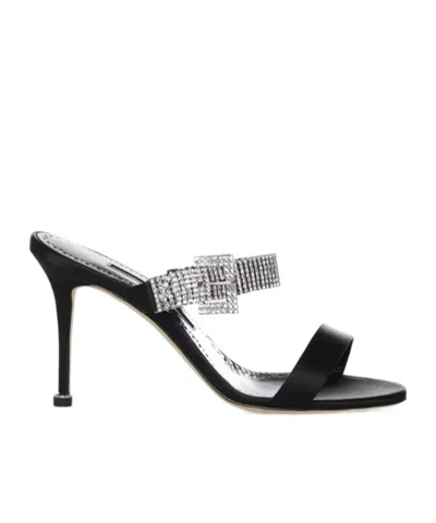 Manolo Blahnik Fibolta Satin Mules With Crystals In Black