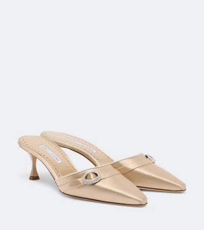 Manolo Blahnik Embellished Satin Mules In Gold