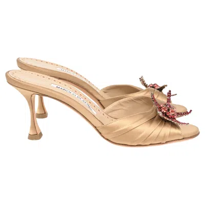 Manolo Blahnik Embellished Slide Sandal Heels In Brown Satin
