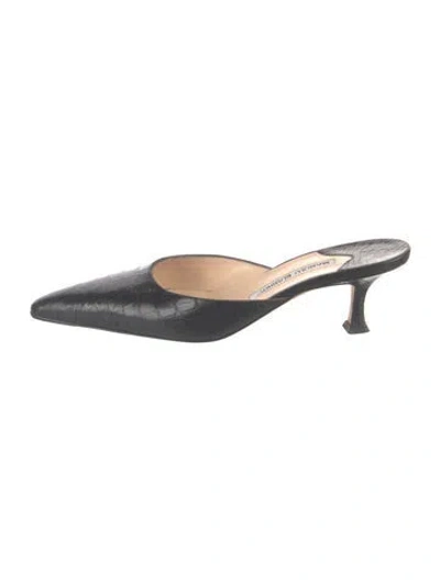 Pre-owned Manolo Blahnik Embossed Leather Animal Print Mules In Black