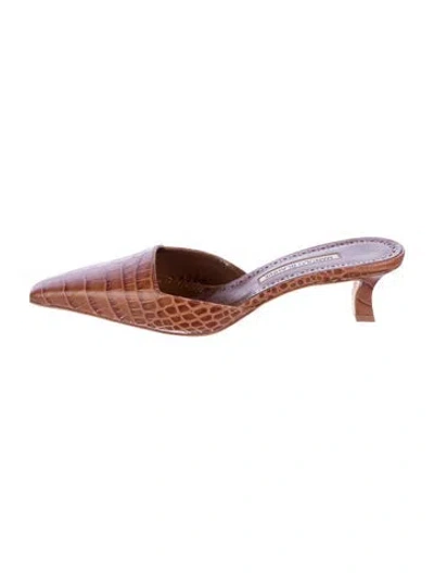 Pre-owned Manolo Blahnik Embossed Leather Animal Print Mules In Brown