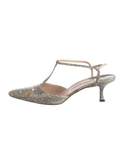 Pre-owned Manolo Blahnik Embossed Leather Animal Print T-strap Pumps In Green