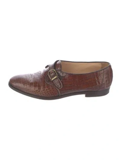 Pre-owned Manolo Blahnik Embossed Leather Flats In Brown