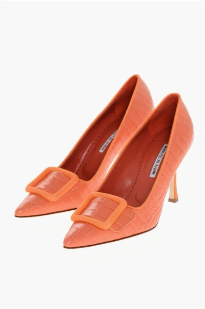Manolo Blahnik Embossed Leather Maysalepump Pumps With Front Buckle 10cm In Orange