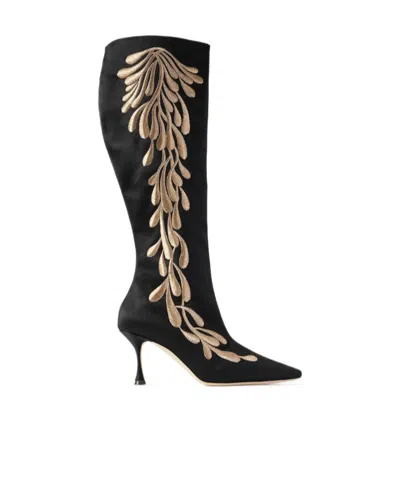 Manolo Blahnik Embroidered Satin Knee-high Boots In Black