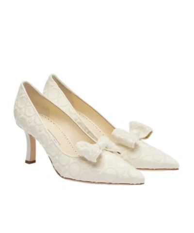 Manolo Blahnik Embroidered Satin Pumps In White