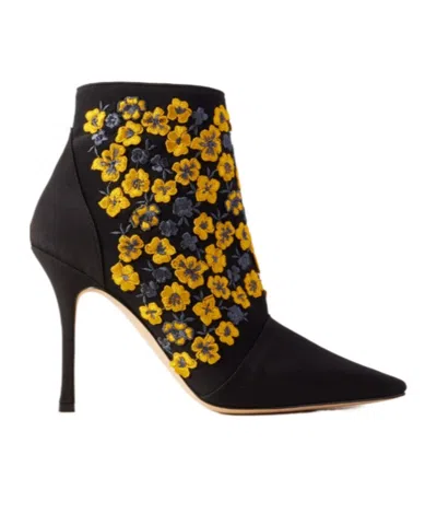 Manolo Blahnik Embroidered Silk Ankle Boots In Black
