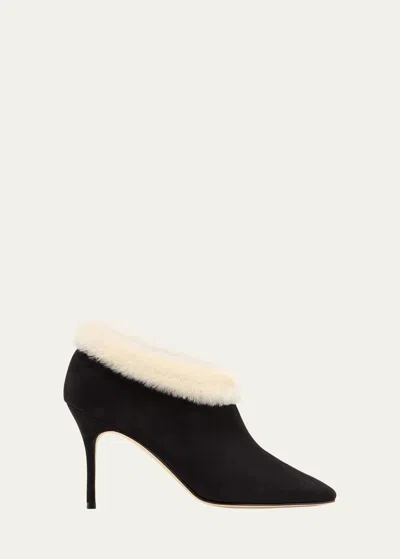 Manolo Blahnik Escaria Suede Shearling High-cut Pumps In Black/nude
