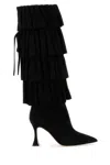 Manolo Blahnik Suede Miralone Boots With Pointed Toe And Ruffled Design In Black