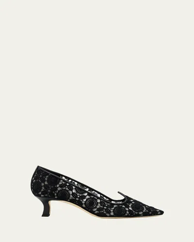 Manolo Blahnik Euridi Floral Lace Kitten-heel Pumps In Black