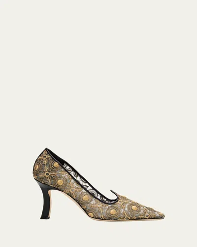 Manolo Blahnik Euridi Lace Pointed-toe Stiletto Pumps In Gold