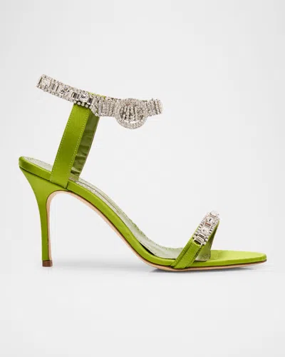 Manolo Blahnik Fabio Satin Crystal Buckle Sandals In Bright Green