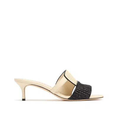 Manolo Blahnik Fabiolamu 50 Cutout Leather-trimmed Two-tone Raffia Mules In Beige