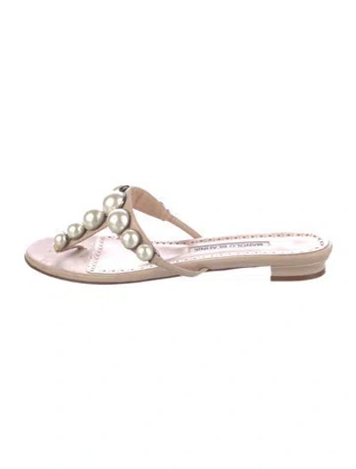 Pre-owned Manolo Blahnik Faux Pearl Accents Leather Slides In Neutral