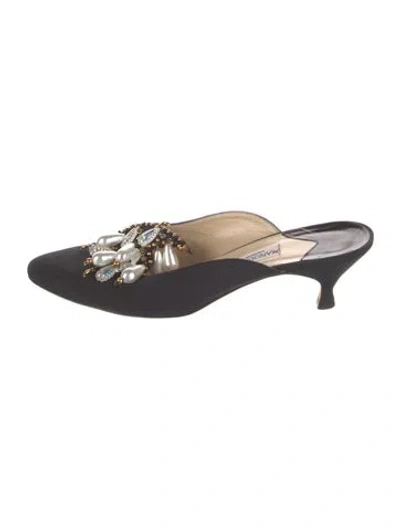 Pre-owned Manolo Blahnik Faux Pearl Accents Satin Mules In Black
