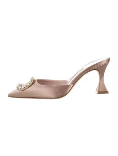 Pre-owned Manolo Blahnik Faux Pearl Accents Satin Mules In Pink