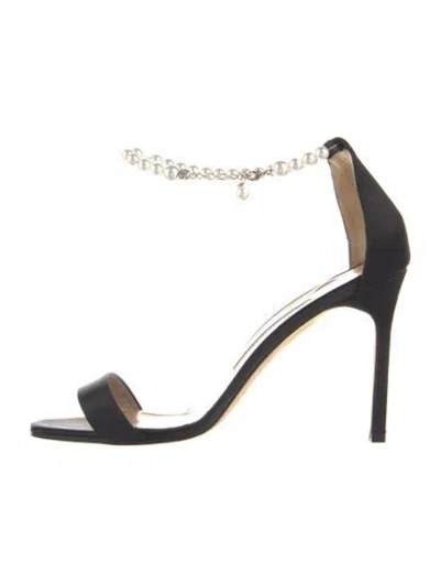 Pre-owned Manolo Blahnik Faux Pearl Accents Satin Sandals In Black