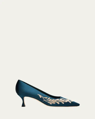 Manolo Blahnik Feza Embroidered Satin Pumps In Blue