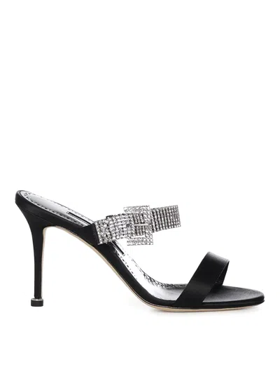 Manolo Blahnik Fibolta Satin Mules With Crystals In Black