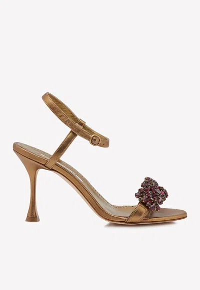 Manolo Blahnik Finah 90 Crystal Sandals In Nappa Leather In Bronze