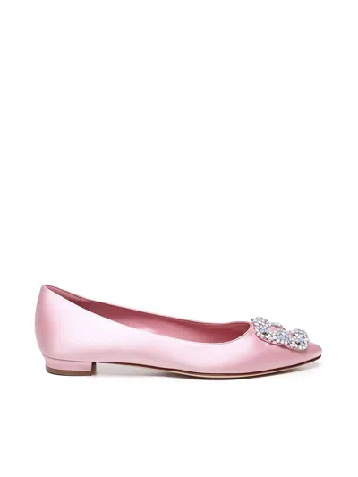 Manolo Blahnik Hangisi Flat Satin Jewel Buckle Flat Shoes In Pink